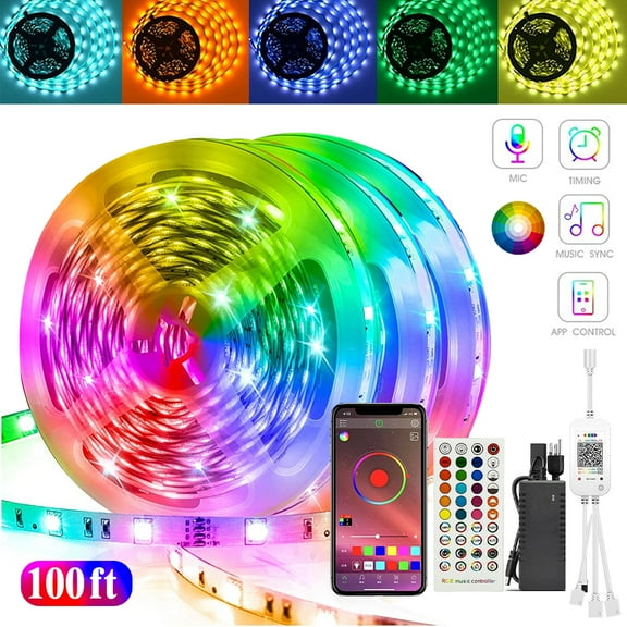 AlexTong LED Strip Lights Bluetooth 100 ft,Music Sync Color Changing Led Light Strips with APP and Remote Control, Multi-color Dimmable RGB 12 Volt SMD 5050 LED Lights