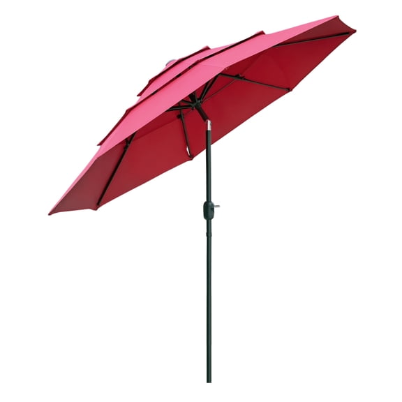 9FT Patio Umbrella Outdoor, 3 Tier Crank Tilt Market Umbrella for Deck Backyard, Wine Red