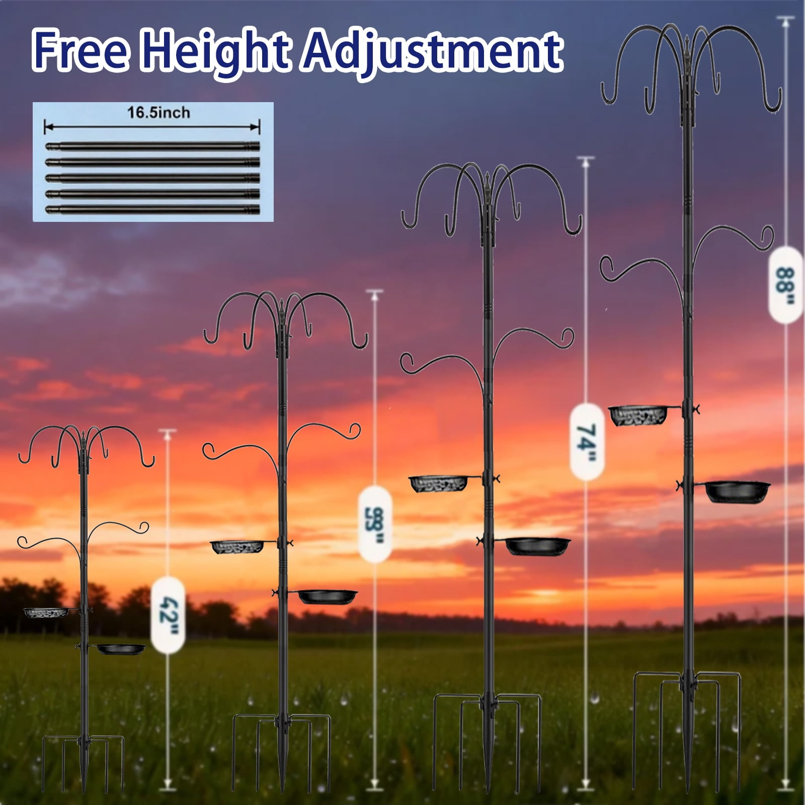 6-Hook Bird Feeding Station Kit Wild Bird Feeder Stand Pole, Multi-Feeder Hanging Kit Stand with Water Bowl, Mesh Tray, 88 Inch