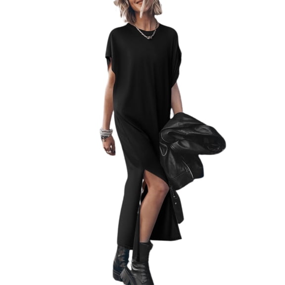 Women's Cap Sleeve Crewneck Casual Loose Side Long Beach Maxi Dress