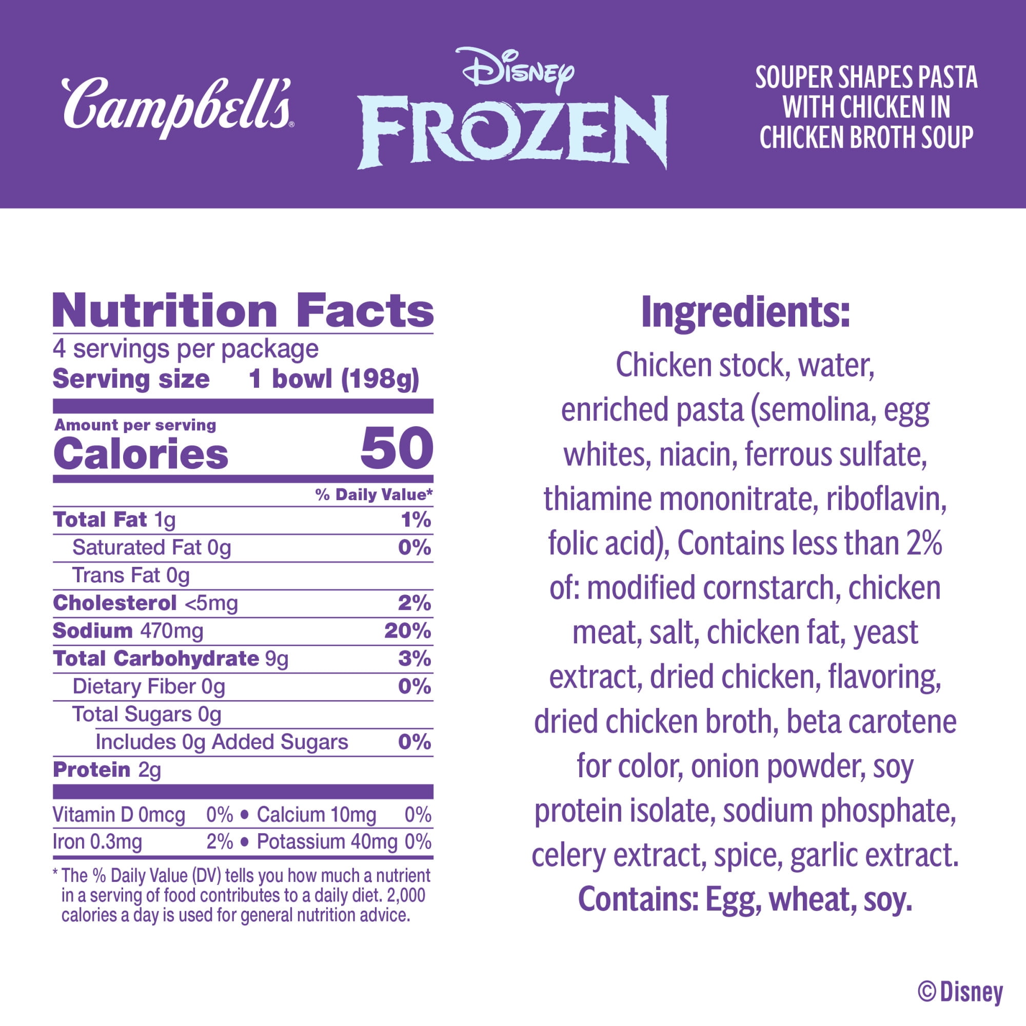 (4 pack) Campbell’s Kids Soup, Disney Frozen Souper Shapes Pasta with Chicken in Chicken Broth, 7 oz Bowl, 4 Count