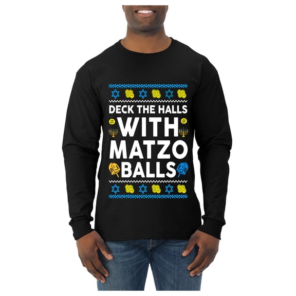 Wild Bobby Deck The Halls With Matzo Balls Hanukkah Sweater | Holiday Unisex Men Long Sleeve Shirt