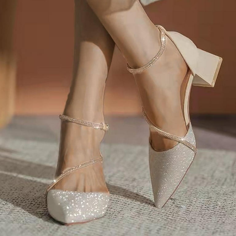 Champagne High Heels Ladies Shoes Fashion Rhinestones Pointed Toe Buckle  Strap High Heel Sandal
