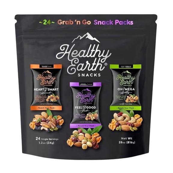 Healthy Earth Snacks 3 Flavors Variety Pack, 24 Count - Mixed Nuts & Dried Fruits Gourmet Snacks, Gluten-Free - 8 Packets Per Flavor: Heart Smart Harvest, Feel Good Feast, & Oh! Mega Medley (816g)