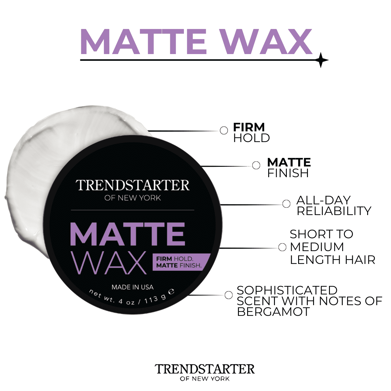 TRENDSTARTER - MATTE WAX, 4oz - Firm Hold - Matte Finish - Water-Based - Signature Fragrance - All-Day Hold - Premium Hair Styling Product - Flake-Free - Easy to Wash Out