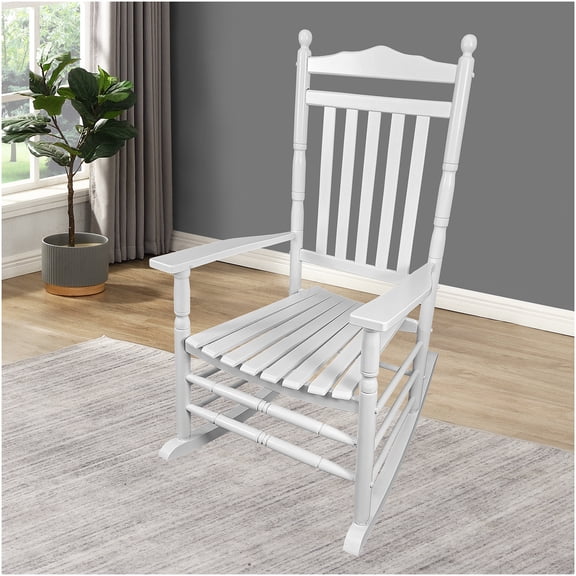 White Solid Wood Adult Rocking Chair for Porch, Patio, Balcony Rocker with Wide Seat and Slatted Back
