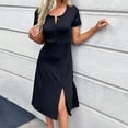 thumbnail image 2 of Black Dresses for Women Short Sleeve Button V Neck Midi Tshirts Dresses Loose Fit Side Slit Summer Dress for Casual Work, 2 of 7