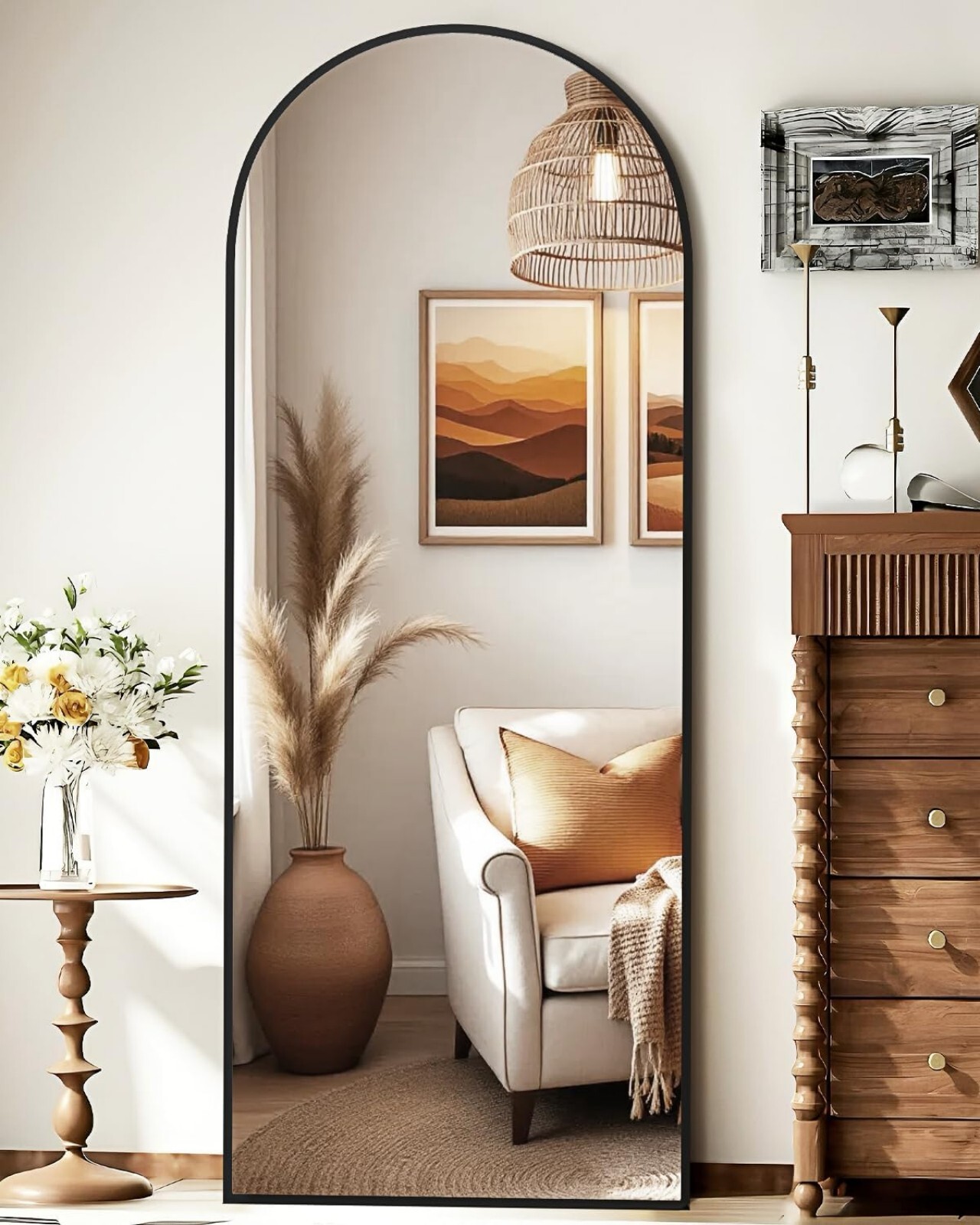 Mirrasia 21.1"x64" Arched Full Length Metal Mirror with stand, Black