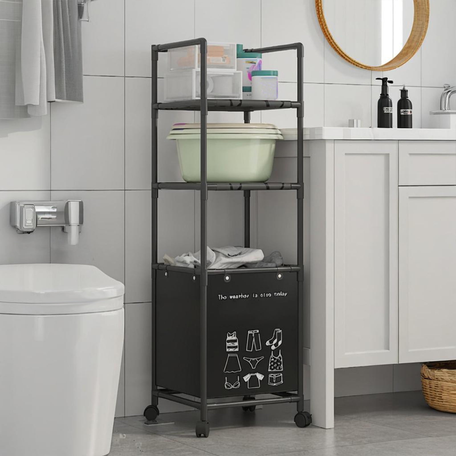 Wzzjkit 3 Tiers Laundry Hamper with Wheels, Tall Laundry Basket Sorter, Ladder Shelves with Clothes Organizer for Bathroom Bedroom