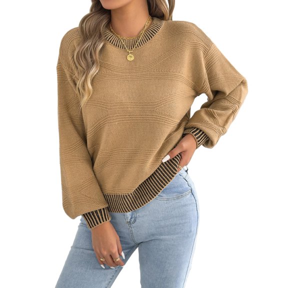Women Casual Knit Crew Neck Contrast Striped Lantern Long Sleeve Loose Knit Pullover Sweater Khaki M
