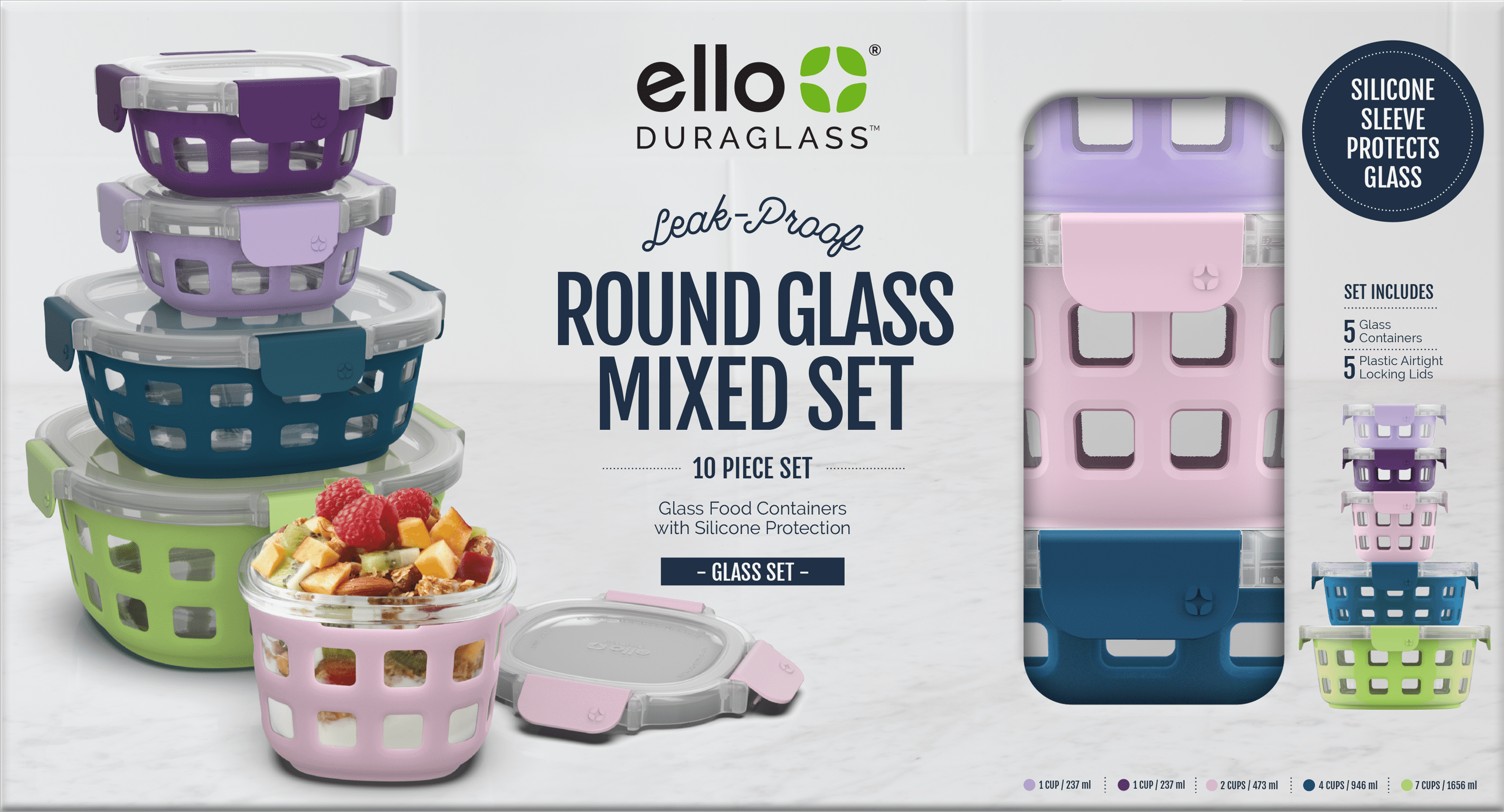 Ello Duraglass Round Glass Meal Prep Storage Containers Set, 10 Pc 3.4 Cup/  800ml, Melon & Duraglass Glass Food Storage Mixed Set - Glass Food Storage