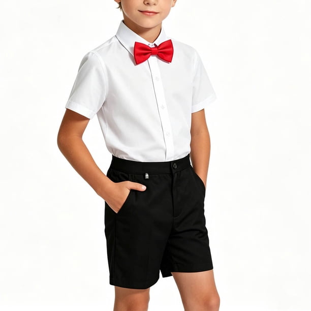 Odeerbi Niños 3 Piezas Caballero Traje Formal Preppy Vestido de Manga Corta Camisa de Vestido y Traje Pantalones Cortos Con Corbata Colegial Conjunto de Uniforme