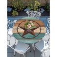 thumbnail image 6 of Texas Star Rustic Round Fitted Tablecloth with Elastic Edge, Waterproof Table Cloth Table Cover for 55"-60" Tables, Western Teal Brown Ombre Wooden Vintage Tablecloths for Dining Picnic Outdoor, 6 of 9