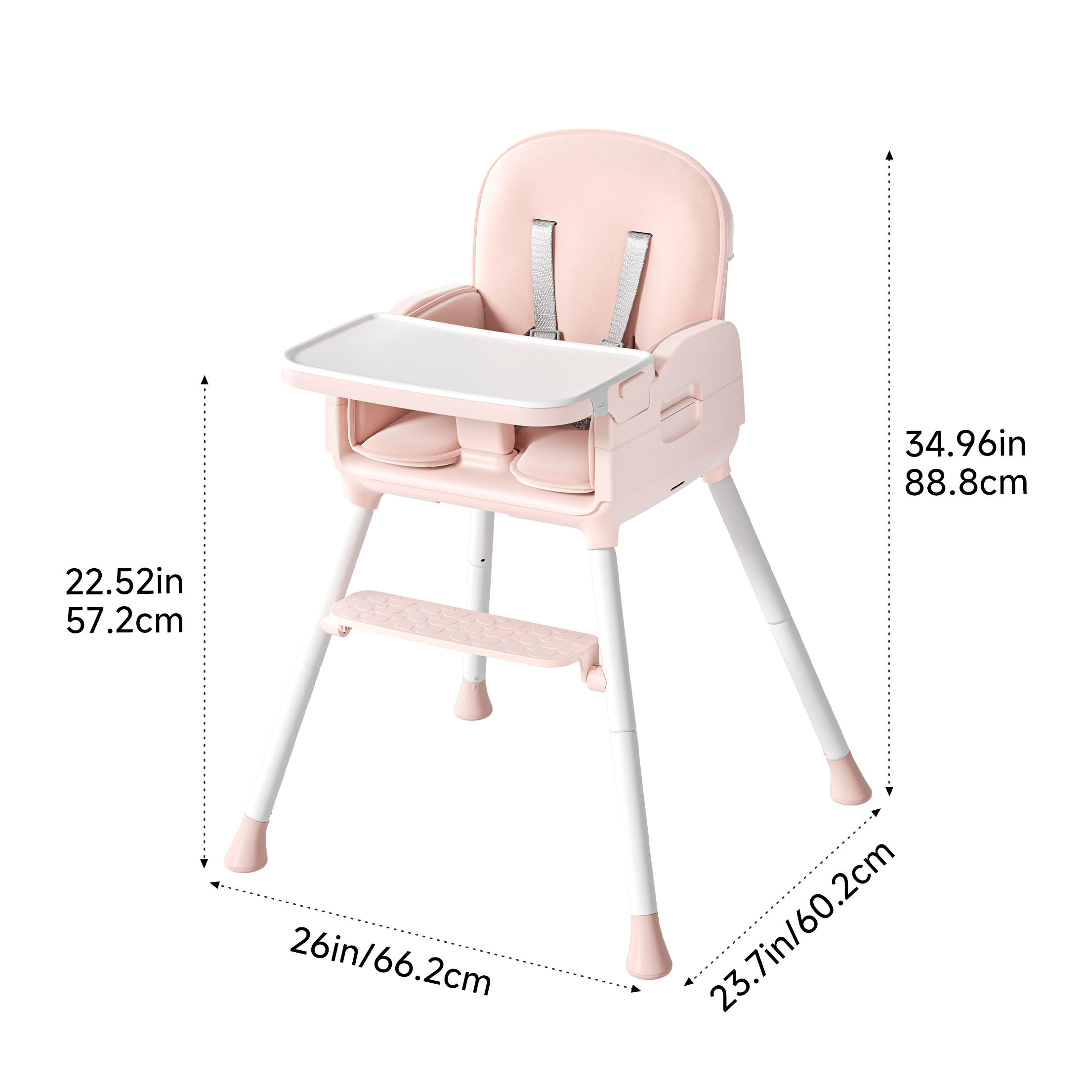 Babyomi 3-in-1 foldable Baby high chair, convertible highchairs for babies and toddlers with Adjustable Legs & Dishwasher Safe Tray, for6 months to 5 years old， Pink