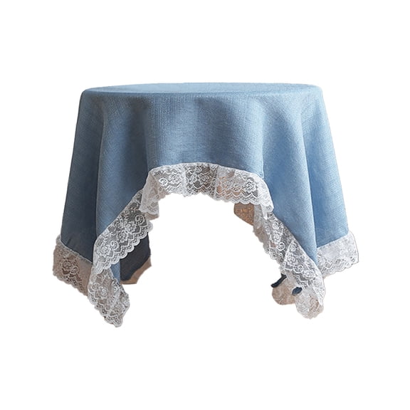 Linen Tablecloth with Lace Trim, 70 Inch Round Natural Fabric Table Cover, Solid Color Dining Tablecloth for Farmhouse Style, Washable Home Decor ( Blue )
