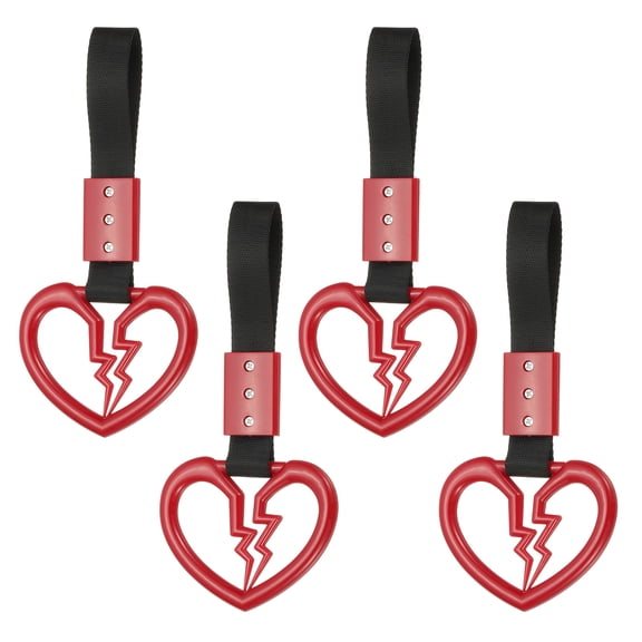Uxcell 4Pcs Broken Heart Shaped Car Handle Straps, Car Hanging Accessories Bumper Warning Ring Drift Charm for Auto Decor Interior Exterior Decoration, Red