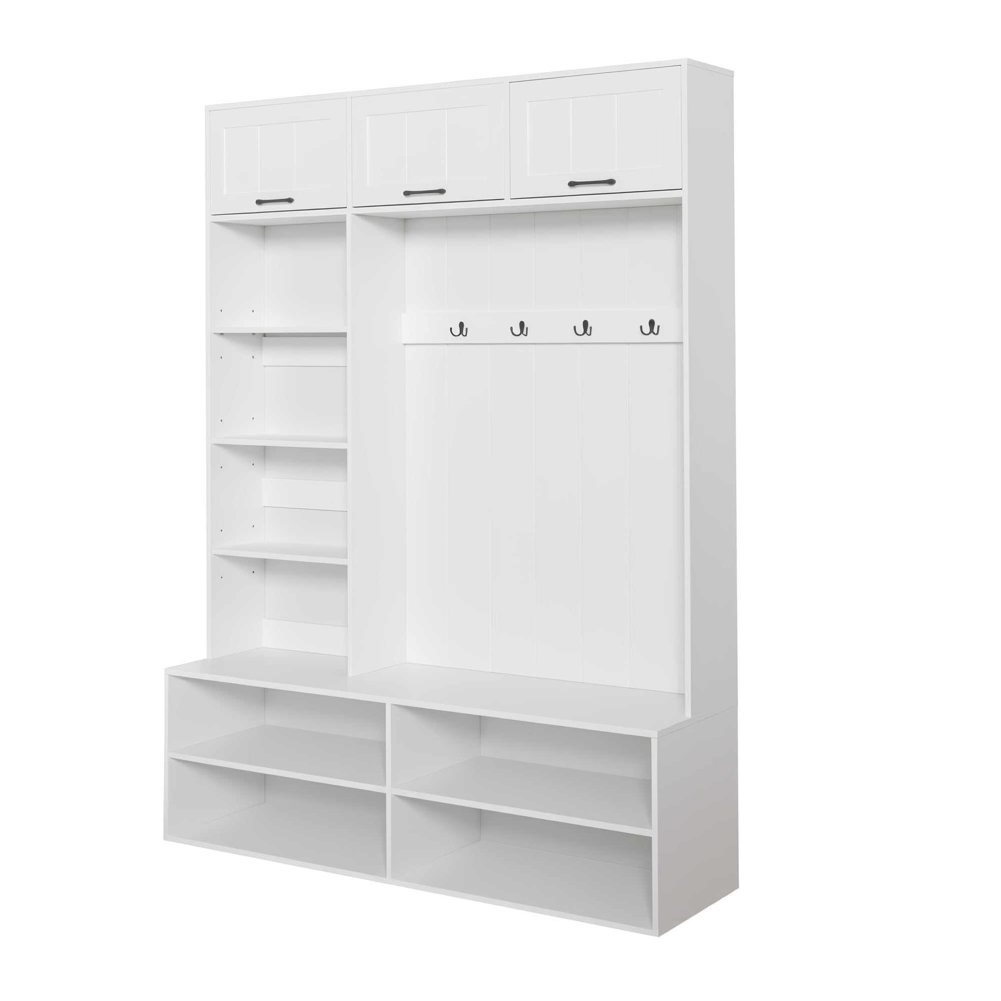 76.9"H Farmhouse Hall Tree with Bench and Shoe Storage, 5-in-1 Entryway Bench with Coat Rack, Modern Entryway Storage Organizer Cabinet with 4 Hooks for Hallway, Entryway, Living Room