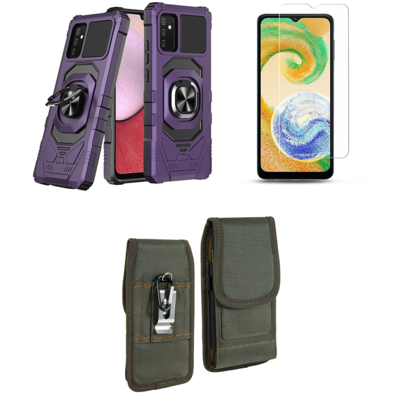 Bemz Shield Armor Case for Galaxy A14 5G with Durable Shockproof Impact Resistant Protective Cover with Glass Screen Protector and Vertical Rugged Nylon Belt Holster Pouch (Purple/Forest Green)