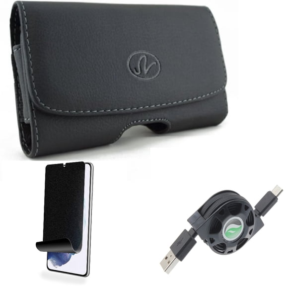 For Samsung Galaxy S21 (6.2") - Swivel Leather Case Belt Clip   [Fingerprint Works] TPU Film Privacy Screen Protector   Type-C Retractable USB Cable