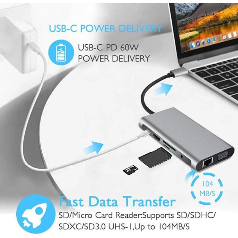 10-in-1 Laptop Docking Station with Type-C, HD, VGA, RJ45, PD, and Multi-USB 3.0