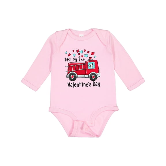 Inktastic It's My 1st Valentine's Day Fire Truck with Cute Dalmatian Boys or Girls Long Sleeve Baby Bodysuit
