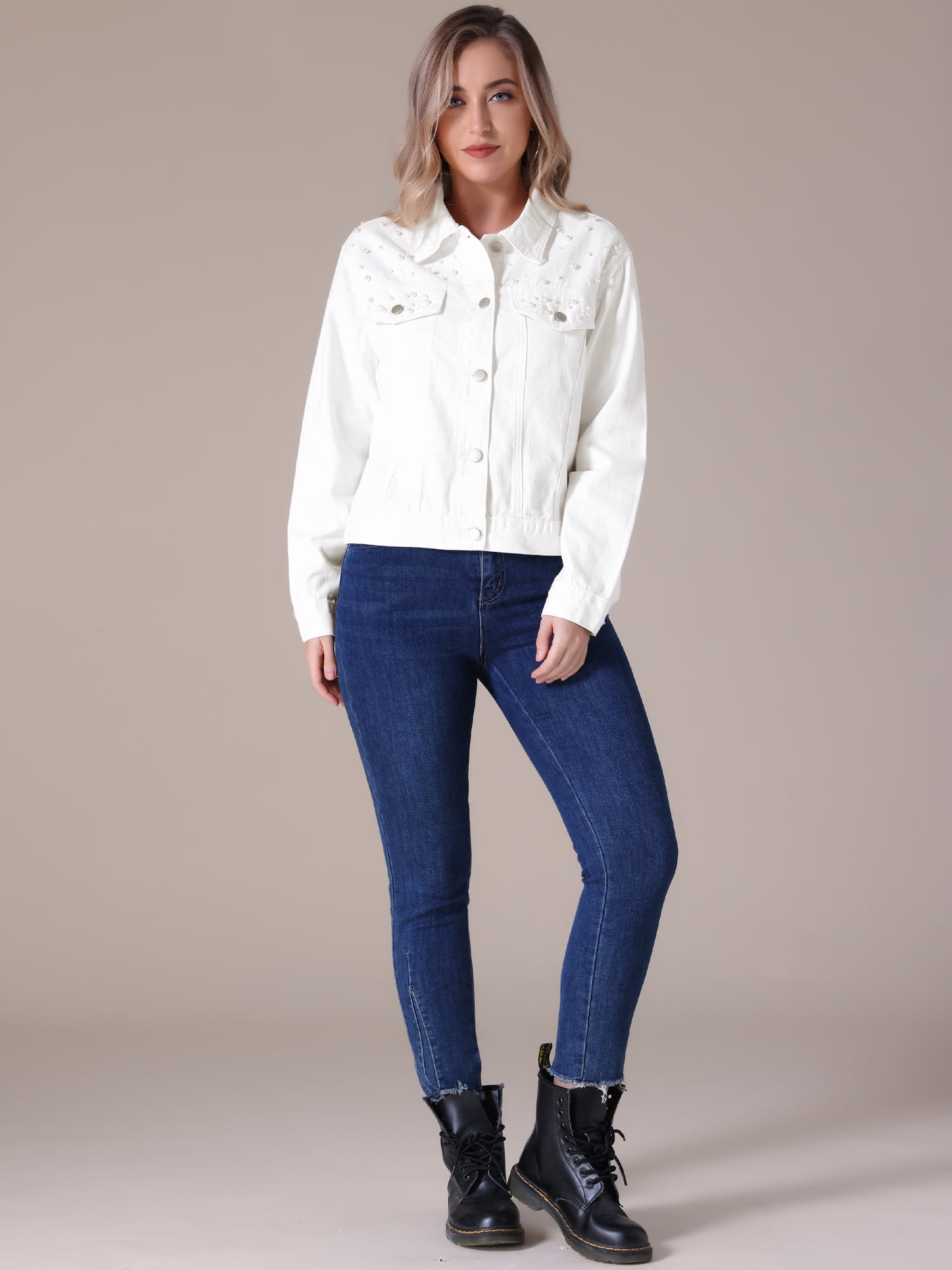 DARING DIVA Women's Long Sleeve Button Up Denim Jackets L White
