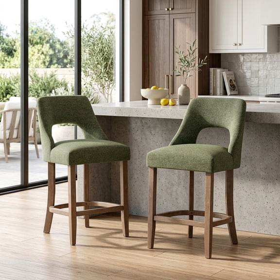 Set of 2 Modern Upholstered Counter Height Bar Stools with Wing-Back Design and Solid Wood