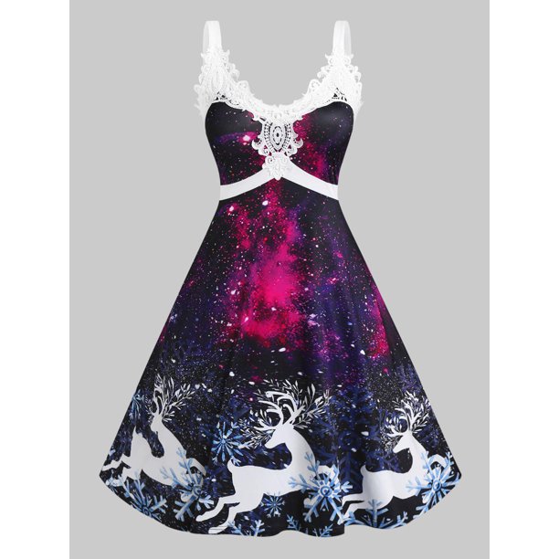 Vestido de Navidad de Talla Grande con Estampado de Alce de Panel de Encaje Rosegal Vestidos Estampados Tallas Grandes