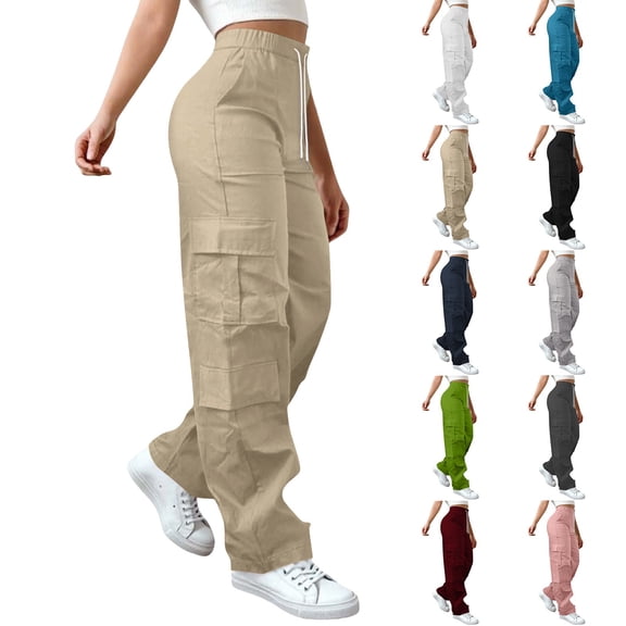 LIaqionyy Cargo Pants for Women Elastic Waisted Wide Leg Baggy Drawstring Hiking Joggers Trousers with Pockets
