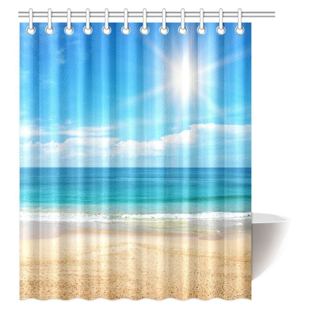 Beach Scene Shower Curtain Ocean Vinyl Photo Real Bathroom Sea Sky Decor 72 Inch 