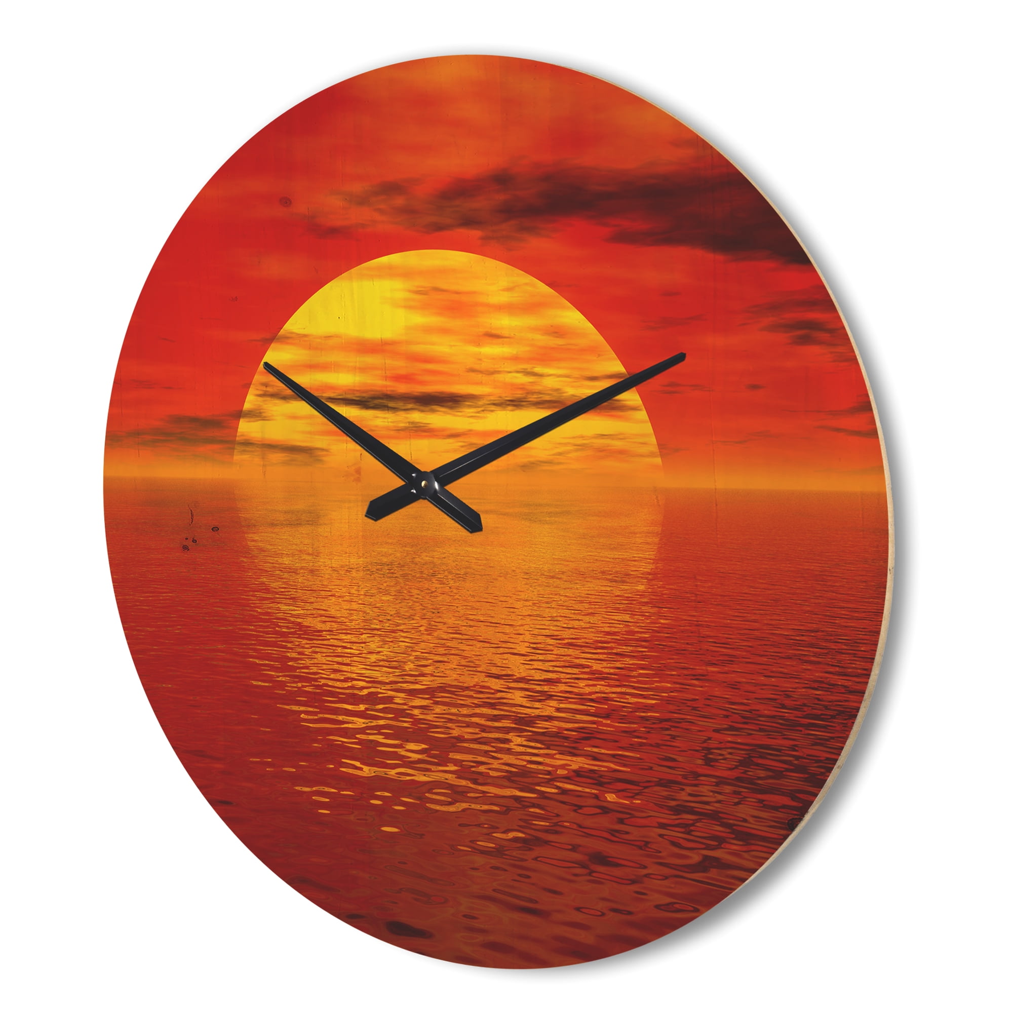 Designart 'Yellow Sun Falling to Red Ocean ' Modern Wood Wall Clock