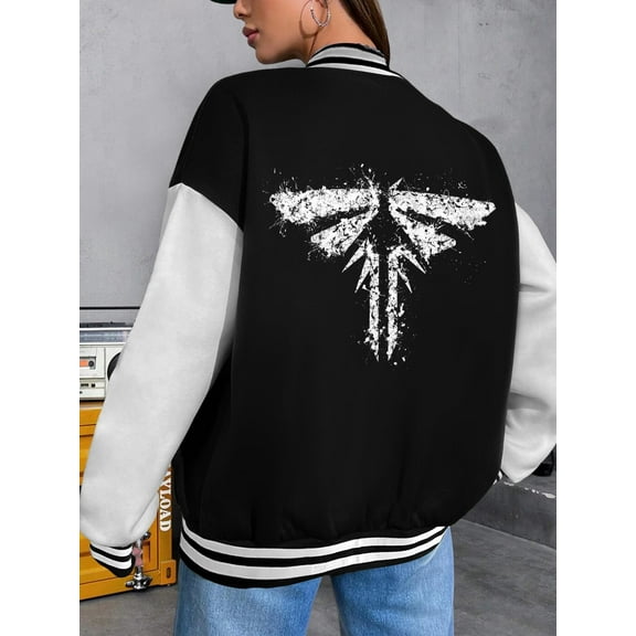 Women's Last Of Us Firefly Baseball Jacket Hoodie Large Size Black White Game Gaming Logo
