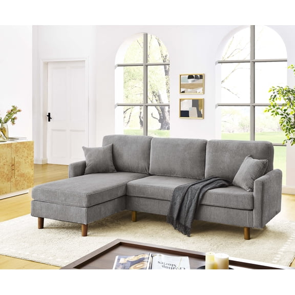 L-Shaped Sectional Sofa Couch for Living Room,Modern Corduroy Upholstered with Wooden Legs & Pillows,Deep Seat,Light Gray