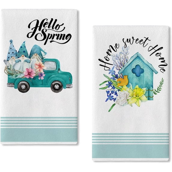 SPXUBZ Kitchen Towels Hello Spring Blue Gnome Flower Birdhouse Towels for Home Kitchen Holiday Decor Housewarming Gift Towels Set of 2