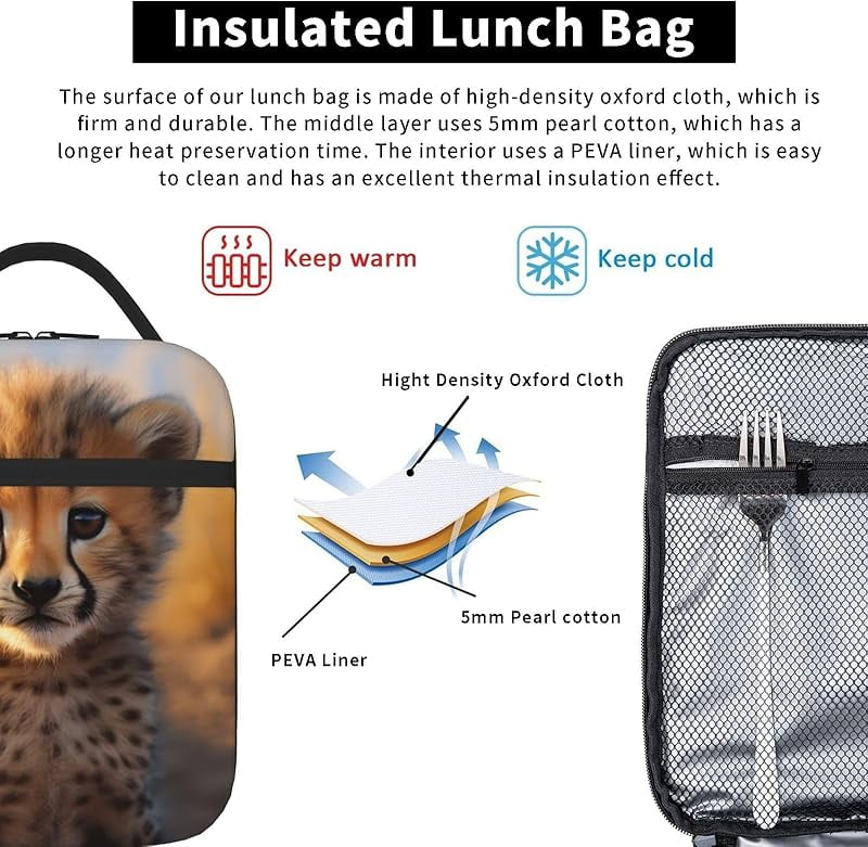 Cute Young Cheetah Lunch Box Funny Animals Golden Light Lunch Bag Insulated Reusable Portable Lunch Tote Cooler Bag For Men Women Teens, Office Work Travel Lunchbox