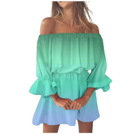 QYZEU Casual Dresses for Women 2024 Gradient Shirt Dress for Women Long Sleeve Dresses for Women Beach Sexy Off Shoulder Tunic Loose Fit Bell Sleeve Mini Dress Hot Pink L