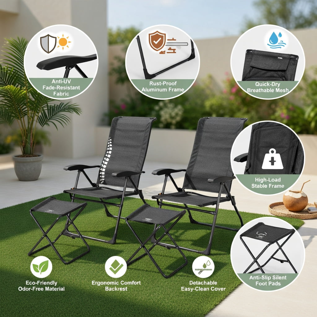 Hommoo 4-Piece Adjustable Reclining Patio Chair & Ottoman Set, Steel Frame with Breathable Mesh, Foldable Outdoor Dining Chairs for Backyard, Garden, Poolside, Gray