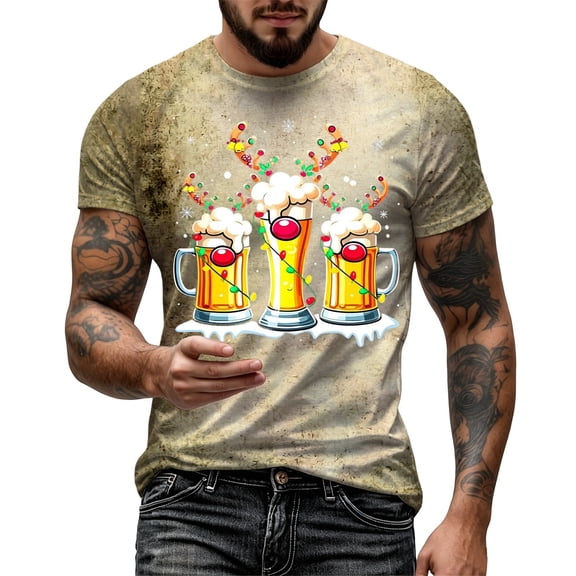 Men Vintage Deer Print Crew Neck T-Shirt, Loose Fit Short Sleeve Funny Graphic Basic Tee Summer Casual Daily Outdoor Holiday Tops(Khaki1,XXL)