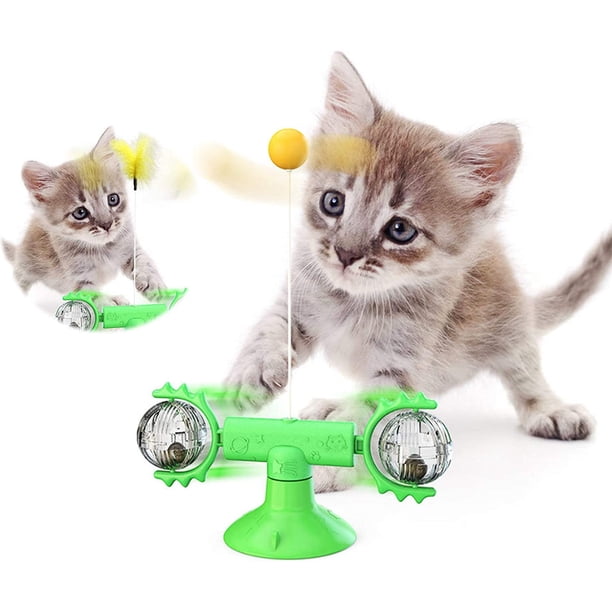 Juguete interactivo para gatos con forma de molino de viento, con plumas y bola de hierba gatera, con ventosa (verde)