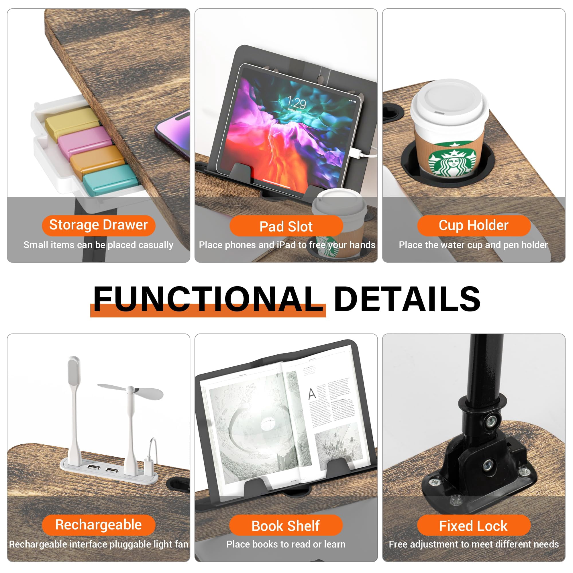 Laptop Desk For Bed Height Adjustable  Lap Table With Usb/storage Drawer/cup Holder/tablet Stand/book Shelf Foldable Breakfast Tray Portable Reading Writing Sofa & Floor Carbonized
