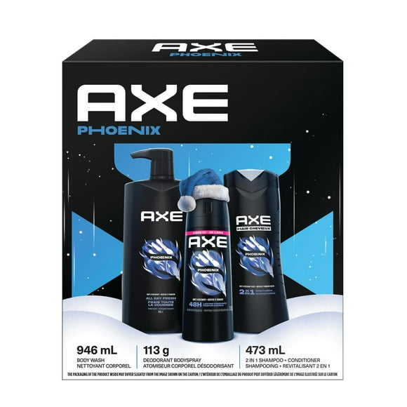 AXE Gift Set for Men with Dual Action Body Wash, 2-in-1 Shampoo + Conditioner, and a Deodorant Body Spray for Men Phoenix Crushed Mint & Rosemary Fragrance