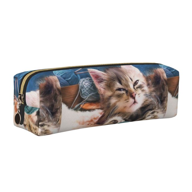 Balery Playful Cat Estuche de Lápices de Cuero Impreso, Estuche para Suministros de Arte, Estuche de Lápices con Cremallera, Estuche de Almacenamiento de Papelería