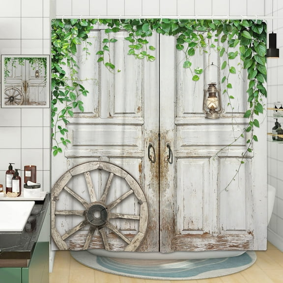 Rustic Barn Door Plant Leaves Shower Curtain, Country Cabin Primitive Grey and White Door Fabric Shower Curtains Set For Bathroom, Farmhouse Restroom Decor Accessories With Hooks 72X 72 Inch