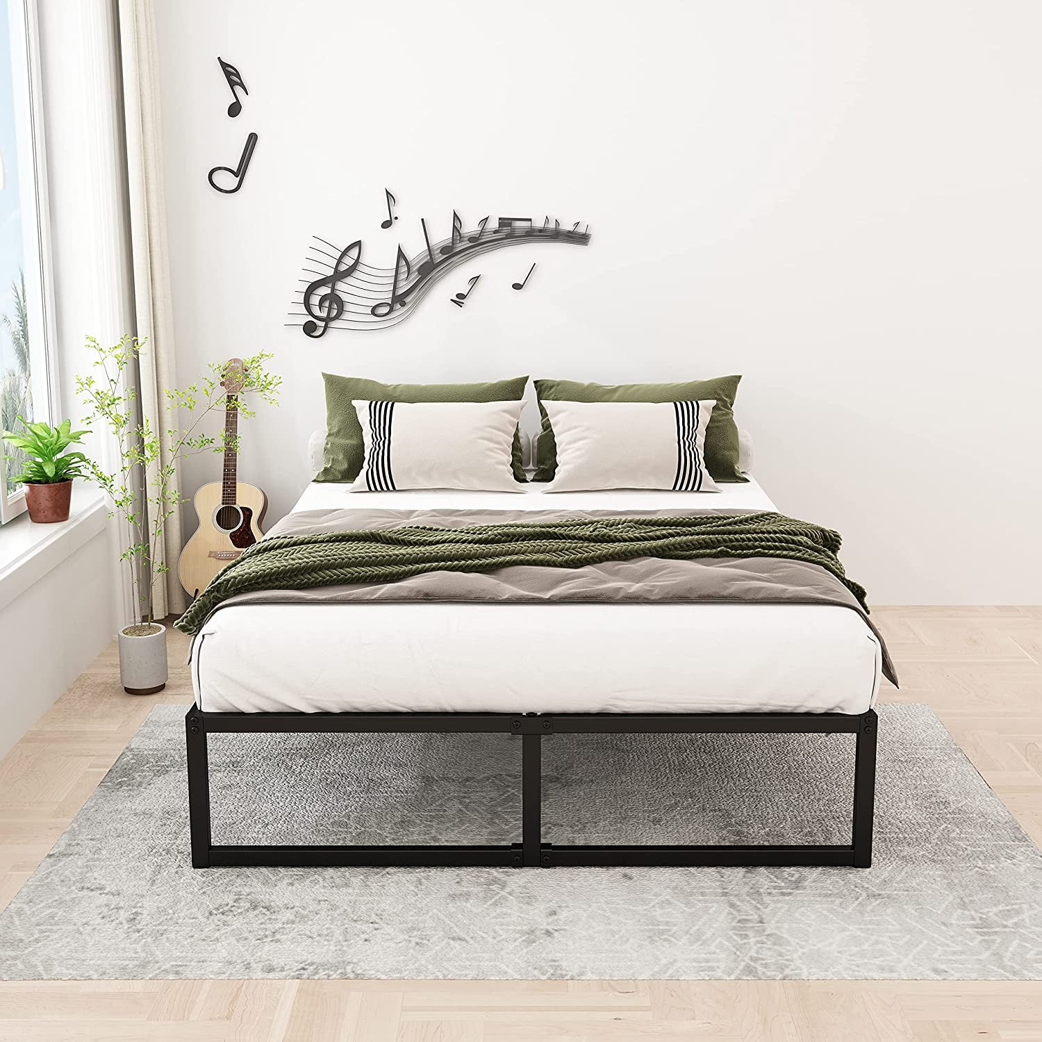 Lutown-Teen 14 inch Queen Bed Frame No Box Spring Needed, Easy Assembly, Heavy Duty Steel Slat Support Metal Platform Bed Frame Queen Size, Black