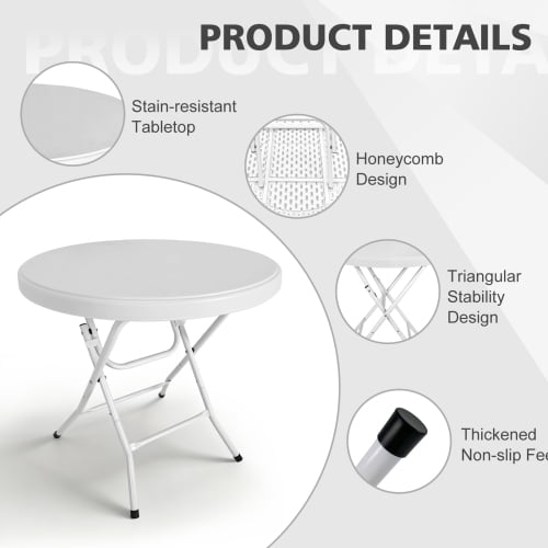 31.5" Round Folding Table, HDPE Cocktail & Bistro Table, Tool-Free Setup, Foldable for Outdoor Parties, Weddings, Cafes & Backyard, White