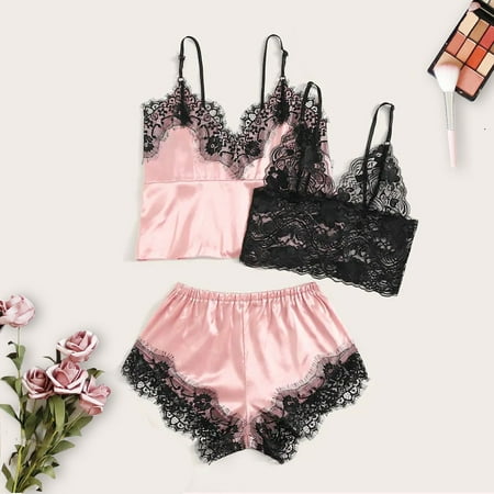 

Rong Yun 3PC New Women Lace Stain Lingerie Camisole Wireless Bra Shorts Thong Pajamas Set Pink S