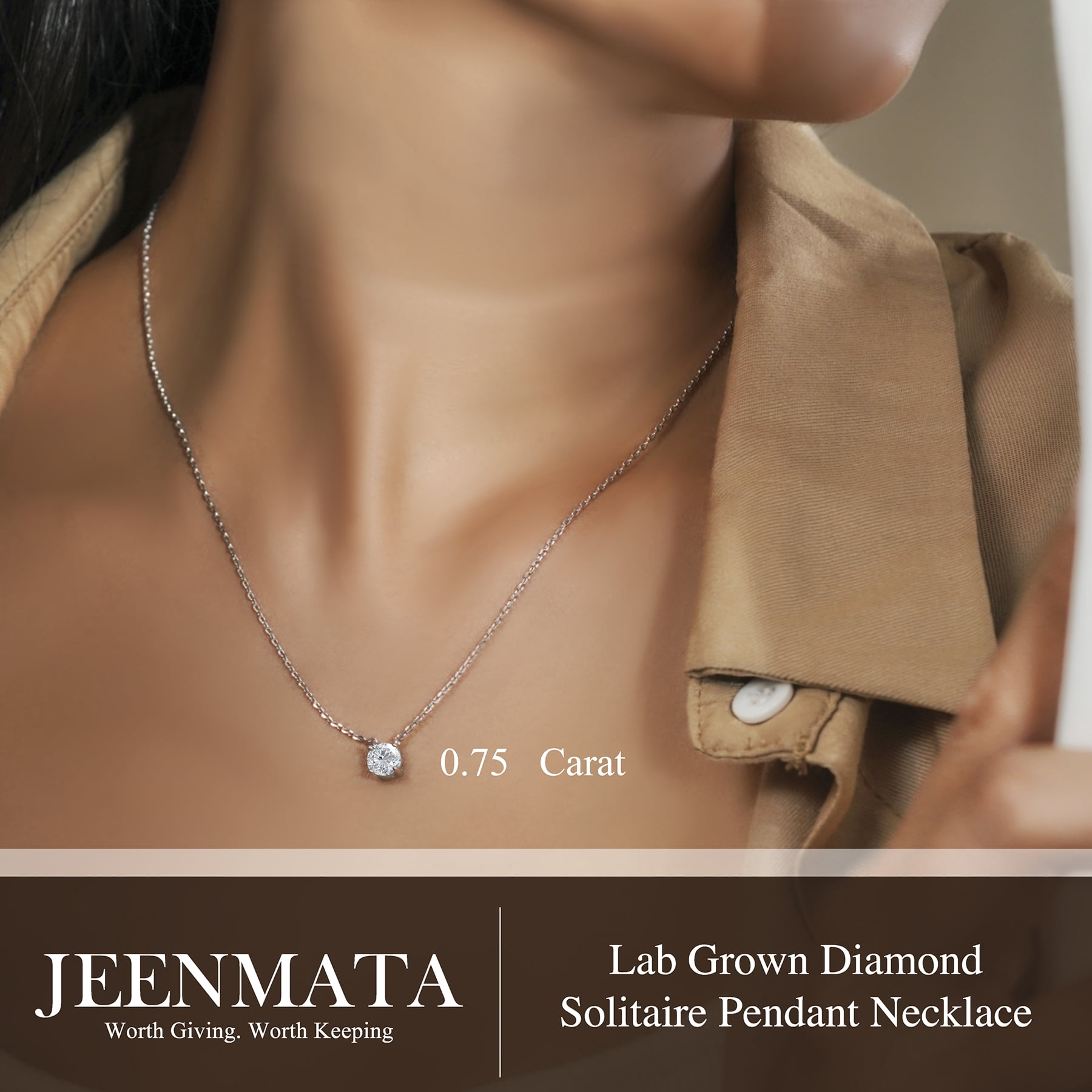 JeenMata Lab Grown Diamond 0.75 Carat Round Cut Classic Solitaire Pendant Necklace - in 18K White Gold Plating for Women