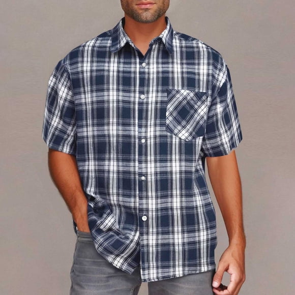 Men's Casual Short Sleeve Button Down Shirt with Lapel and Pocket Check Pattern for Business Casual Office Work Vacation and Daily Wear | IhhxPro,Navy 5XL