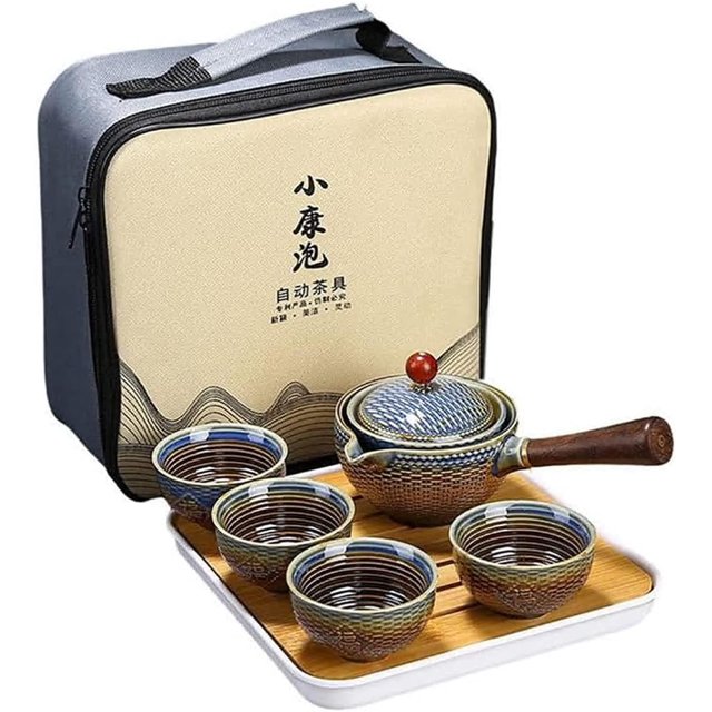 Youngky Porcelain Chinese Ceramic Gongfu Tea Set,Portable Travel Tea Set with 360 Rotation Tea maker and Infuser, All in One Gift Bag for Travel,Home,Gifting,and Office (Purple Stripe)