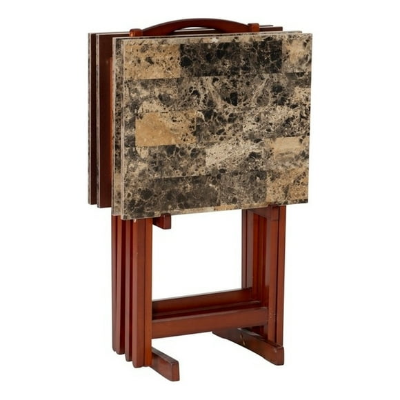 Linon Wood Five Piece Folding Tray Table Set with Stand in Brown Faux Marble